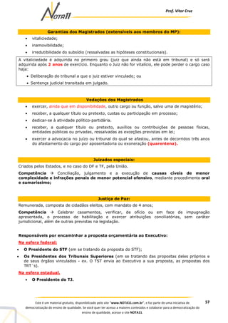 Prof. Vítor Cruz
57Este é um material gratuito, disponibilizado pelo site “www.NOTA11.com.br”, e faz parte de uma iniciativa de
democratização do ensino de qualidade. Se você quer ter acesso a maiores conteúdos e colaborar para a democratização do
ensino de qualidade, acesse o site NOTA11.
Garantias dos Magistrados (extensíveis aos membros do MP):
• vitaliciedade;
• inamovibilidade;
• irredutibilidade do subsídio (ressalvadas as hipóteses constitucionais).
A vitaliciedade é adquirida no primeiro grau (juiz que ainda não está em tribunal) e só será
adquirida após 2 anos de exercício. Enquanto o Juiz não for vitalício, ele pode perder o cargo caso
haja:
• Deliberação do tribunal a que o juiz estiver vinculado; ou
• Sentença judicial transitada em julgado.
Vedações dos Magistrados
• exercer, ainda que em disponibilidade, outro cargo ou função, salvo uma de magistério;
• receber, a qualquer título ou pretexto, custas ou participação em processo;
• dedicar-se à atividade político-partidária.
• receber, a qualquer título ou pretexto, auxílios ou contribuições de pessoas físicas,
entidades públicas ou privadas, ressalvadas as exceções previstas em lei;
• exercer a advocacia no juízo ou tribunal do qual se afastou, antes de decorridos três anos
do afastamento do cargo por aposentadoria ou exoneração (quarentena).
Juizados especiais:
Criados pelos Estados, e no caso do DF e TF, pela União.
Competência Conciliação, julgamento e a execução de causas cíveis de menor
complexidade e infrações penais de menor potencial ofensivo, mediante procedimento oral
e sumaríssimo;
Justiça de Paz:
Remunerada, composta de cidadãos eleitos, com mandato de 4 anos;
Competência Celebrar casamentos, verificar, de ofício ou em face de impugnação
apresentada, o processo de habilitação e exercer atribuições conciliatórias, sem caráter
jurisdicional, além de outras previstas na legislação.
Responsáveis por encaminhar a proposta orçamentária ao Executivo:
Na esfera federal:
• O Presidente do STF (em se tratando da proposta do STF);
• Os Presidentes dos Tribunais Superiores (em se tratando das propostas deles próprios e
de seus órgãos vinculados - ex. O TST envia ao Executivo a sua proposta, as propostas dos
TRT´s).
Na esfera estadual.
• O Presidente do TJ.
 