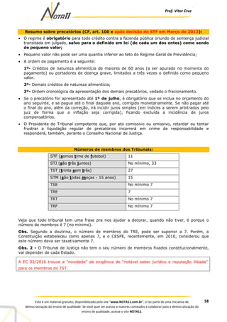 Prof. Vítor Cruz
58Este é um material gratuito, disponibilizado pelo site “www.NOTA11.com.br”, e faz parte de uma iniciativa de
democratização do ensino de qualidade. Se você quer ter acesso a maiores conteúdos e colaborar para a democratização do
ensino de qualidade, acesse o site NOTA11.
Resumo sobre precatórios (CF, art. 100 e após decisão do STF em Março de 2013):
• O regime é obrigatório para todo crédito contra a fazenda pública oriundo de sentença judicial
transitada em julgado, salvo para o definido em lei (de cada um dos entes) como sendo
de pequeno valor;
• Pequeno valor não pode ser uma quantia inferior ao teto do Regime Geral de Previdência;
• A ordem de pagamento é a seguinte:
1º- Créditos de natureza alimentícia de maiores de 60 anos (a ser apurado no momento do
pagamento) ou portadores de doença grave, limitados a três vezes o definido como pequeno
valor.
2º- Demais créditos de natureza alimentícia;
3º- Ordem cronológica da apresentação dos demais precatórios, vedado o fracionamento.
• Se o precatório for apresentado até 1º de julho, é obrigatório que se inclua no orçamento do
ano seguinte, e se pague até o final daquele ano, corrigido monetariamente. Se não pagar até
o final do ano, além da correção, irá incidir juros simples (em índices a serem arbitrados pelo
juiz de forma que a inflação seja corrigida), ficando excluída a incidência de juros
compensatórios.
• O Presidente do Tribunal competente que, por ato comissivo ou omissivo, retardar ou tentar
frustrar a liquidação regular de precatórios incorrerá em crime de responsabilidade e
responderá, também, perante o Conselho Nacional de Justiça.
Números de membros dos Tribunais:
STF (somos time de futebol) 11
STJ (são três juntos) No mínimo, 33
TST (trinta sem três) 27
STM (são todas moças - 15 anos) 15
TSE No mínimo 7
TRE 7
TRT No mínimo 7
TRF No mínimo 7
Veja que todo tribunal tem uma frase pra nos ajudar a decorar, quando não tiver, é porque o
número de membros é 7 (no mínimo).
Obs. Segundo a doutrina, o número de membros do TRE, pode ser superior a 7. Porém, a
Constituição estabeleceu como apenas 7, e o CESPE, recentemente, em 2010, considerou que
este número deva ser taxativamente 7.
Obs. 2 - O Tribunal de Justiça não tem o seu número de membros fixados constitucionalmente,
vai depender de cada Estado.
A EC 92/2016 trouxe a “novidade” da exigência de “notável saber jurídico e reputação ilibada”
para os membros do TST.
 