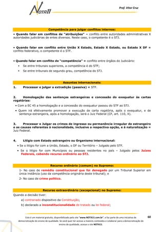 Prof. Vítor Cruz
60Este é um material gratuito, disponibilizado pelo site “www.NOTA11.com.br”, e faz parte de uma iniciativa de
democratização do ensino de qualidade. Se você quer ter acesso a maiores conteúdos e colaborar para a democratização do
ensino de qualidade, acesse o site NOTA11.
Competência para julgar conflitos internos:
• Quando falar em conflitos de “atribuições” = conflito entre autoridades administrativas X
autoridades judiciárias de entes diversos. Neste caso, o competente é o STJ.
• Quando falar em conflito entre União X Estado, Estado X Estado, ou Estado X DF =
conflito federativo, o competente é o STF.
• Quando falar em conflito de “competência” = conflito entre órgãos do Judiciário:
Se entre tribunais superiores, a competência é do STF;
Se entre tribunais de segundo grau, competência do STJ.
Assuntos internacionais:
1. Processar e julgar a extradição (passiva) = STF.
2. Homologação das sentenças estrangeiras e concessão do exequatur às cartas
rogatórias:
• Com a EC 45 a homologação e a concessão do exequatur passou do STF ao STJ.
• Quem irá efetivamente promover a execução de carta rogatória, após o exequatur, e de
sentença estrangeira, após a homologação, será o Juiz Federal (CF, art. 110, X).
3. Processar e Julgar os crimes de ingresso ou permanência irregular de estrangeiro
e as causas referentes à nacionalidade, inclusive a respectiva opção, e à naturalização =
Juiz Federal.
4. Litígio com Estado estrangeiro ou Organismo internacional:
• Se o litígio for com a União, Estado, o DF ou Território – Julgado pelo STF.
• Se o litígio for com Municípios ou pessoas residentes no país – Julgado pelos Juízes
Federais, cabendo recurso ordinário ao STJ.
Recurso ordinário (comum) no Supremo:
1- No caso de remédio constitucional que foi denegado por um Tribunal Superior em
única instância (uso da competência originária deste tribunal); e
2- No caso de crime político.
Recurso extraordinário (excepcional) no Supremo:
Quando a decisão tiver:
a) contrariado dispositivo da Constituição;
b) declarado a inconstitucionalidade de tratado ou lei federal;
 