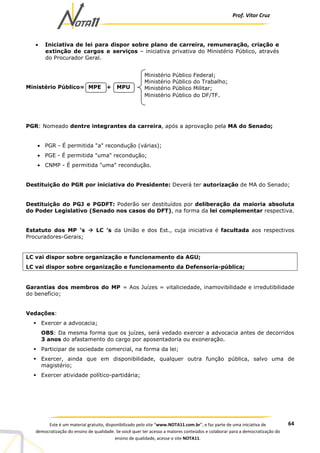 Prof. Vítor Cruz
64Este é um material gratuito, disponibilizado pelo site “www.NOTA11.com.br”, e faz parte de uma iniciativa de
democratização do ensino de qualidade. Se você quer ter acesso a maiores conteúdos e colaborar para a democratização do
ensino de qualidade, acesse o site NOTA11.
• Iniciativa de lei para dispor sobre plano de carreira, remuneração, criação e
extinção de cargos e serviços – iniciativa privativa do Ministério Público, através
do Procurador Geral.
Ministério Público= MPE + MPU
PGR: Nomeado dentre integrantes da carreira, após a aprovação pela MA do Senado;
• PGR - É permitida "a" recondução (várias);
• PGE - É permitida "uma" recondução;
• CNMP - É permitida "uma" recondução.
Destituição do PGR por iniciativa do Presidente: Deverá ter autorização de MA do Senado;
Destituição do PGJ e PGDFT: Poderão ser destituídos por deliberação da maioria absoluta
do Poder Legislativo (Senado nos casos do DFT), na forma da lei complementar respectiva.
Estatuto dos MP ‘s LC ’s da União e dos Est., cuja iniciativa é facultada aos respectivos
Procuradores-Gerais;
LC vai dispor sobre organização e funcionamento da AGU;
LC vai dispor sobre organização e funcionamento da Defensoria-pública;
Garantias dos membros do MP = Aos Juízes = vitaliciedade, inamovibilidade e irredutibilidade
do benefício;
Vedações:
Exercer a advocacia;
OBS: Da mesma forma que os juízes, será vedado exercer a advocacia antes de decorridos
3 anos do afastamento do cargo por aposentadoria ou exoneração.
Participar de sociedade comercial, na forma da lei;
Exercer, ainda que em disponibilidade, qualquer outra função pública, salvo uma de
magistério;
Exercer atividade político-partidária;
Ministério Público Federal;
Ministério Público do Trabalho;
Ministério Público Militar;
Ministério Público do DF/TF.
 