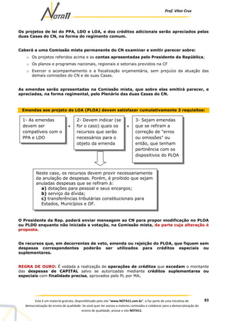 Prof. Vítor Cruz
83Este é um material gratuito, disponibilizado pelo site “www.NOTA11.com.br”, e faz parte de uma iniciativa de
democratização do ensino de qualidade. Se você quer ter acesso a maiores conteúdos e colaborar para a democratização do
ensino de qualidade, acesse o site NOTA11.
Os projetos de lei do PPA, LDO e LOA, e dos créditos adicionais serão apreciados pelas
duas Casas do CN, na forma do regimento comum.
Caberá a uma Comissão mista permanente do CN examinar e emitir parecer sobre:
o Os projetos referidos acima e as contas apresentadas pelo Presidente da República;
o Os planos e programas nacionais, regionais e setoriais previstos na CF
o Exercer o acompanhamento e a fiscalização orçamentária, sem prejuízo da atuação das
demais comissões do CN e de suas Casas.
As emendas serão apresentadas na Comissão mista, que sobre elas emitirá parecer, e
apreciadas, na forma regimental, pelo Plenário das duas Casas do CN.
Emendas aos projeto de LOA (PLOA) devem satisfazer cumulativamente 3 requisitos:
O Presidente da Rep. poderá enviar mensagem ao CN para propor modificação no PLOA
ou PLDO enquanto não iniciada a votação, na Comissão mista, da parte cuja alteração é
proposta.
Os recursos que, em decorrentes de veto, emenda ou rejeição do PLOA, que fiquem sem
despesas correspondentes poderão ser utilizados para créditos especiais ou
suplementares.
REGRA DE OURO: É vedada a realização de operações de créditos que excedam o montante
das despesas de CAPITAL salvo se autorizadas mediante créditos suplementares ou
especiais com finalidade precisa, aprovados pelo PL por MA;
1- As emendas
devem ser
compatíveis com o
PPA e LDO
2- Devem indicar (se
for o caso) quais os
recursos que serão
necessários para o
objeto da emenda
3- Sejam emendas
que se refiram a
correção de "erros
ou omissões" ou
então, que tenham
pertinência com os
dispositivos do PLOA
Neste caso, os recursos devem provir necessariamente
da anulação de despesas. Porém, é proibido que sejam
anuladas despesas que se refiram à:
a) dotações para pessoal e seus encargos;
b) serviço da dívida;
c) transferências tributárias constitucionais para
Estados, Municípios e DF.
+ +
 