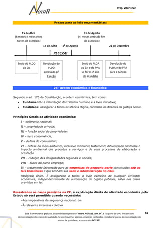 Prof. Vítor Cruz
84Este é um material gratuito, disponibilizado pelo site “www.NOTA11.com.br”, e faz parte de uma iniciativa de
democratização do ensino de qualidade. Se você quer ter acesso a maiores conteúdos e colaborar para a democratização do
ensino de qualidade, acesse o site NOTA11.
Prazos para as leis orçamentárias:
26- Ordem econômica e financeira:
Segundo o art. 170 da Constituição, a ordem econômica, tem como:
• Fundamento: a valorização do trabalho humano e a livre iniciativa;
• Finalidade: assegurar a todos existência digna, conforme os ditames da justiça social.
Princípios Gerais da atividade econômica:
I – soberania nacional;
II – propriedade privada;
III – função social da propriedade;
IV – livre concorrência;
V – defesa do consumidor;
VI – defesa do meio ambiente, inclusive mediante tratamento diferenciado conforme o
impacto ambiental dos produtos e serviços e de seus processos de elaboração e
prestação
VII – redução das desigualdades regionais e sociais;
VIII – busca do pleno emprego;
IX – tratamento favorecido para as empresas de pequeno porte constituídas sob as
leis brasileiras e que tenham sua sede e administração no País.
Parágrafo único. É assegurado a todos o livre exercício de qualquer atividade
econômica, independentemente de autorização de órgãos públicos, salvo nos casos
previstos em lei.
Ressalvados os casos previstos na CF, a exploração direta de atividade econômica pelo
Estado só será permitida quando necessária:
Aos imperativos da segurança nacional; ou
À relevante interesse coletivo.
15 de Abril
(8 meses e meio antes
do fim do exercício)
17 de Julho 1o
de Agosto 22 de Dezembro
RECESSO
31 de Agosto
(4 meses antes do fim
do exercício)
Envio do PLDO
ao CN
Devolução do
PLDO
aprovado p/
Sanção
Envio do PLOA
ao CN e do PPA
se for o 1º ano
do mandato
Devolução do
PLOA e do PPA
para a Sanção
 