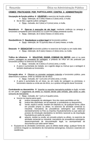 Resumão                            -              Ética na Administração Pública
CRIMES PRATICADOS POR PARTICULARES CONTRA A ADMINISTRAÇÃO

Usurpação de função pública  USURPAR o exercício de função pública:
           • Pena - detenção, de 3 (três) meses a 2 (dois) anos, e multa.
     • Se do fato o agente aufere vantagem:
           • Pena - reclusão, de 2 (dois) a 5 (cinco) anos, e multa.


Resistência  Opor-se à execução de ato legal, mediante violência ou ameaça a
funcionário competente para executá-lo ou a quem lhe esteja prestando auxílio:
             • Pena - detenção, de 2 (dois) meses a 2 (dois) anos.


Desobediência  Desobedecer a ordem legal de funcionário público:
          • Pena - detenção, de 15 (quinze) dias a 6 (seis) meses, e multa.


Desacato  DESACATAR funcionário público no exercício da função ou em razão dela:
          • Pena - detenção, de 6 (seis) meses a 2 (dois) anos, ou multa.


Tráfico de influência  SOLICITAR, EXIGIR, COBRAR OU OBTER, para si ou para
outrem, vantagem ou promessa de vantagem, a pretexto de influir em ato praticado por
funcionário público no exercício da função:
             • Pena – reclusão, de 2 (dois) a 5 (cinco) anos, e multa.
       • A pena é aumentada da metade, se o agente alega ou insinua que a vantagem é
          também destinada ao funcionário.


Corrupção ativa  Oferecer ou prometer vantagem indevida a funcionário público, para
determiná-lo a praticar, omitir ou retardar ato de ofício:
             • Pena - reclusão, de 1 (um) ano a 8 (oito) anos, e multa.
      • A pena é aumentada de um terço, se, em razão da vantagem ou promessa, o
         funcionário retarda ou omite ato de ofício, ou o pratica infringindo dever funcional.


Contrabando ou descaminho  Importar ou exportar mercadoria proibida ou iludir, no todo
ou em parte, o pagamento de direito ou imposto devido pela entrada, pela saída ou pelo
consumo de mercadoria:
            • Pena - reclusão, de 1 (um) a 4 (quatro) anos.
      • Incorre na mesma pena quem:
            a)     pratica navegação de cabotagem, fora dos casos permitidos em lei;
            b)     pratica fato assimilado, em lei especial, a contrabando ou descaminho;
            c)     vende, expõe à venda, mantém em depósito ou, de qualquer forma, utiliza
                   em proveito próprio ou alheio, no exercício de atividade comercial ou
                   industrial, mercadoria de procedência estrangeira que introduziu
                   clandestinamente no País ou importou fraudulentamente ou que sabe ser
                   produto de introdução clandestina no território nacional ou de importação
                   fraudulenta por parte de outrem;
            d)     adquire, recebe ou oculta, em proveito próprio ou alheio, no exercício de
                   atividade comercial ou industrial, mercadoria de procedência estrangeira,
                   desacompanhada de documentação legal, ou acompanhada de
                   documentos que sabe serem falsos.
   • Equipara-se às atividades comerciais, para os efeitos deste artigo, qualquer forma de
      comércio irregular ou clandestino de mercadorias estrangeiras, inclusive o exercido em
      residências.


                                             14
 