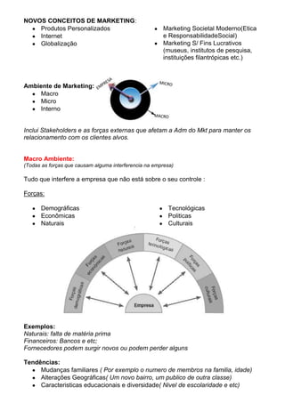NOVOS CONCEITOS DE MARKETING:
    Produtos Personalizados                            Marketing Societal Moderno(Etica
    Internet                                           e ResponsabilidadeSocial)
    Globalização                                       Marketing S/ Fins Lucrativos
                                                       (museus, institutos de pesquisa,
                                                       instituições filantrópicas etc.)



Ambiente de Marketing:
     Macro
     Micro
     Interno


Inclui Stakeholders e as forças externas que afetam a Adm do Mkt para manter os
relacionamento com os clientes alvos.


Macro Ambiente:
(Todas as forças que causam alguma interferencia na empresa)

Tudo que interfere a empresa que não está sobre o seu controle :

Forças:

      Demográficas                                       Tecnológicas
      Econômicas                                         Politicas
      Naturais                                           Culturais




Exemplos:
Naturais: falta de matéria prima
Financeiros: Bancos e etc;
Fornecedores podem surgir novos ou podem perder alguns

Tendências:
     Mudanças familiares ( Por exemplo o numero de membros na familia, idade)
     Alterações Geográficas( Um novo bairro, um publico de outra classe)
     Caracteristicas educacionais e diversidade( Nivel de escolaridade e etc)
 