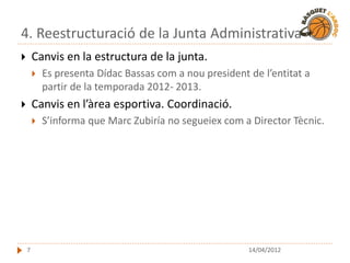 4. Reestructuració de la Junta Administrativa
       Canvis en la estructura de la junta.
           Es presenta Dídac Bassas com a nou president de l’entitat a
            partir de la temporada 2012- 2013.
       Canvis en l’àrea esportiva. Coordinació.
           S’informa que Marc Zubiría no segueiex com a Director Tècnic.




    7                                                    14/04/2012
 