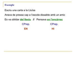 Exemple Escriu una carta a la Lluïsa Anava de pressa cap a l’escola dissabte amb un amic   Es va oblidar  del llexiu   //  Pensava  en l’encàrrec   CPrep. CPrep.   EN   HI 