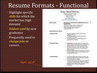 Resume Formats - Functional
0 Highlight specific
skills for which the
market has high
demand
0 Seldom used by new
graduates
0 Frequently used to
change jobs or
careers
Again, cut off
 