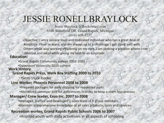 JESSIE RONELLBRAYLOCK Jessie Braylock @Rocketmail.com 6100 Woodfeild DR. Grand Rapids, Michigan (616) 608-7227 Objective: I am a sincere loyal and dedicated individual who has a great deal of  Ambition. I love to learn, and am always up to a challenge. I get along well with  Others while also working efficiently on my own. I am seeking a position where I can  develop and excel while giving my best to an employer Education: ,[object Object]