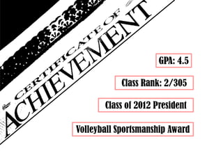 GPA: 4.5Class Rank: 2/305Class of 2012 PresidentVolleyball Sportsmanship Award