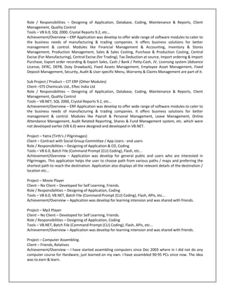 Role / Responsibilities – Designing of Application, Database, Coding, Maintenance & Reports, Client
Management, Quality Control
Tools – VB 6.0, SQL 2000, Crystal Reports 9.2, etc...
Achievement/Overview – ERP Application was develop to offer wide range of software modules to cater to
the business needs of manufacturing & trading companies. It offers business solutions for better
management & control. Modules like Financial Management & Accounting, Inventory & Stores
Management, Production Management, Sales & Sales Costing, Purchase & Production Costing, Central
Excise (For Manufacturing), Central Excise (for Trading), Tax Deduction at source, Import ordering & Import
Purchase, Export order recording & Export Sales, Cash / Bank / Petty-Cash, JV, Licensing system (Advance
License, DFRC, DEPB, Duty Drawback), Fixed Assets Management, Employee Asset Management, Fixed
Deposit Management, Security, Audit & User specific Menu, Warranty & Claims Management are part of it.

Sub Project / Product – CIT ERP (Other Modules)
Client –STS Chemicals Ltd., Eftec India Ltd
Role / Responsibilities – Designing of Application, Database, Coding, Maintenance & Reports, Client
Management, Quality Control
Tools – VB.NET, SQL 2000, Crystal Reports 9.2, etc...
Achievement/Overview – ERP Application was develop to offer wide range of software modules to cater to
the business needs of manufacturing & trading companies. It offers business solutions for better
management & control. Modules like Payroll & Personal Management, Leave Management, Online
Attendance Management, Audit Related Reporting, Shares & Fund Management system, etc. which were
not developed earlier (VB 6.0) were designed and developed in VB.NET.

Project – Yatra (Tirth’s / Pilgrimages)
Client – Contract with Social Group Committee / App Users - end users
Role / Responsibilities – Designing of Application & CD, Coding
Tools – VB 6.0, Batch File (Command Prompt (CLI) Coding), Flash, etc...
Achievement/Overview – Application was develop for general public and users who are interested in
Pilgrimages. This application helps the user to choose path from various paths / maps and preferring the
shortest path to reach the destination. Application also displays all the relevant details of the destination /
location etc…

Project – Movie Player
Client – No Client – Developed for Self Learning, Friends.
Role / Responsibilities – Designing of Application, Coding
Tools – VB 6.0, VB.NET, Batch File (Command Prompt (CLI) Coding), Flash, APIs, etc...
Achievement/Overview – Application was develop for learning intension and was shared with friends.

Project – Mp3 Player
Client – No Client – Developed for Self Learning, Friends.
Role / Responsibilities – Designing of Application, Coding
Tools – VB.NET, Batch File (Command Prompt (CLI) Coding), Flash, APIs, etc...
Achievement/Overview – Application was develop for learning intension and was shared with friends.

Project – Computer Assembling.
Client – Friends, Relatives
Achievement/Overview – I have started assembling computers since Dec 2003 where in I did not do any
computer course for Hardware, just learned on my own. I have assembled 90-95 PCs since now. The idea
was to earn & learn.
 