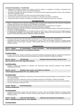 Commercial Operations / Coordination
Managing the tendering process from floating of bids & tenders to awarding of contracts; coordinating with
contractors with regard to techno-commercial negotiations.
Conducting meetings with client & consultant on contractual matters regarding progress of works, claim situations
and other construction issues.
Checking of Bill of Quantities and tender documents before bidding of Tender.
Scrutinizing & passing of contractors Bill, reconciliation of materials and quality of materials.
Liaising with clients, architects, consultants, contractors for client meetings to discuss for workflow.
Knowledge Purview
Expert in producing of any critical & complicated steel structural shop drawings and 3D & general arrangement
drawings with erection mark numbers using STRUCAD and AUTOCAD.
Producing different kinds of cladding drawings and bill of quantities with individual mark numbers.
Able to prepare bill of material manually by using Microsoft excel (if needed).
Estimating of Material and Labor Cost with using appropriate software STRUMIS software (Estimating management
and Stock controlling software).
Conversion of CNC PROGRAMMING for the steel members to CNC cutting, drilling machines (with related programs
for VOORTMAN MACHINES) and making CNC program for plates cutting and hole punching for CNC OXYFUAL
PLATES CUTTING MACHINE (ESPRIT MACHINE & GEKA MACHINES).
Freelance Assignment
Working as Steel Structural Strucad Detailer & Estimator on as freelance basis from Visakhapatnam.
Successfully executed 6 projects from Cyprometal Ltd. Cyprus. Those are Photiades (575tons); Acropolis project
(250tons); Matrix Tower project (115tons); Drakos project (60tons); Orinos project (60tons) & Aapostolides Aik
Dhekelia (24tons).
Employment Scan
Industrial and Commercial Steel Structural Buildings using TEKLA, STRUCAD, STRUMIS & AUTOCAD.
Nov’10 – Sep’11 CAD Manager (Employer Sponsored Work permit & visa)
Steel Industries Ltd. P.O.M, Papua New Guinea.
Key Deliverables:
Planning, Leading and Detailing of Industrial and Commercial Steel Structural Buildings using STRUCAD,
FRAMECAD & AUTOCAD.
May’09 – Oct’10 Detailing Team Leader cum Project Co-ordinator
Trishul Engineering Solutions Pvt. Ltd., Kolkata, India.
Key Deliverables:
Planning, Leading and Detailing of Industrial and Commercial Steel Structural Buildings using STRUCAD for Indian
and Abroad Projects.
Performing third party checking for all kind of drawings produced from STRUCAD, X-Steel and AutoCAD.
Estimating total man hours for detailing and producing all shop and G.A. Drawings for macro/micro level projects.
Forming and leading a STRUCAD Team.
Jan’09 – May’09 StruCAD Detailing
Freelance Assignment
Key Deliverables:
Successfully executed 6 projects from Cyprometal Ltd. Cyprus. Those are Photiades (575tons); Acropolis project
(250tons); Matrix Tower project (115tons); Drakos project (60tons); Orinos project (60tons) & Aapostolides Aik
Dhekelia (24tons).
Oct’07 – Dec’08 Senior StruCAD Detailer (Working visa sponsored by Employer)
NOEL C’ DUGGAN Engineering Ltd., Cork, IRELAND
Key Deliverables:
Sep’11 – Tilldate Sr. Tekla Detailer / Project coordinator (457 visa sponsored by Employer since
Sep’11) Hosken Site Steel Pty. Ltd., Brisbane, Australia.
Key Deliverables:
Driving a Tekla Team, Project Co-ordination, Document controlling, Developing, Planning, Leading and Detailing of
 
