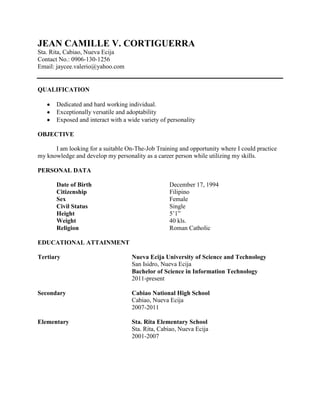 college student resume sample for ojt