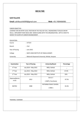 RESUME
Sahil Kaushik
Email: sahilkaushik999@gmail.com Mob: +91-7404406983
CAREER OBJECTIVE -
LOOKING FOR AN ENTRY LEVEL POSITION IN THE FIELD OF CIVIL ENGINEERING TO BUILD ON MY
SKILLS , IMPLEMENT NEW IDEAS AND GROW ALONG WITH THE ORGANISATION , WITH A VIEW TO
WIDEN THE SCOPE OF CAREER ENHANCEMENT.
EDUCATION -
Course : B.TECH
Branch : Civil
Year of Passing : June 2015
College : MATU RAM INSTITUTE OF ENGG.& MGMT.
University : Maharshi Dayanand University, Rohtak, Haryana
Examination Year of Passing University/Board Percentage
4th
Year July 2014 – May 2015 MDU, Rohtak _
3rd
Year July 2013 – May 2014 MDU, Rohtak 67.4%
2nd
Year July 2012 – May 2013 MDU, Rohtak 65%
Diploma(Mecha
nical)
2012
S.B.I.E.T
( HSBTE, Panchkula)
67.5%
MATRIC 2008
PATHANIA PUBLIC SCHOOL
( CBSE )
65.4%
TRAINING / SEMINAR
 