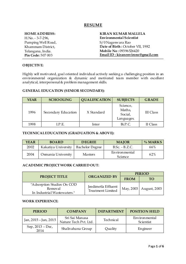 environmental scientist resumes