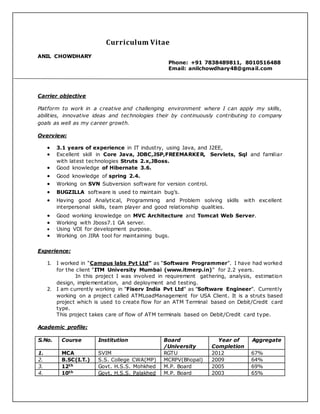 Curriculum Vitae
ANIL CHOWDHARY
Phone: +91 7838489811, 8010516488
Email: anilchowdhary48@gmail.com
Carrier objective
Platform to work in a creative and challenging environment where I can apply my skills,
abilities, innovative ideas and technologies their by continuously contributing to company
goals as well as my career growth.
Overview:
 3.1 years of experience in IT industry, using Java, and J2EE,
 Excellent skill in Core Java, JDBC,JSP,FREEMARKER, Servlets, Sql and familiar
with latest technologies Struts 2.x,JBoss.
 Good knowledge of Hibernate 3.6.
 Good knowledge of spring 2.4.
 Working on SVN Subversion software for version control.
 BUGZILLA software is used to maintain bug’s.
 Having good Analytical, Programming and Problem solving skills with excellent
interpersonal skills, team player and good relationship qualities.
 Good working knowledge on MVC Architecture and Tomcat Web Server.
 Working with Jboss7.1 GA server.
 Using VDI for development purpose.
 Working on JIRA tool for maintaining bugs.
Experience:
1. I worked in “Campus labs Pvt Ltd” as “Software Programmer”. I have had worked
for the client “ITM University Mumbai (www.itmerp.in)” for 2.2 years.
In this project I was involved in requirement gathering, analysis, estimation
design, implementation, and deployment and testing.
2. I am currently working in "Fiserv India Pvt Ltd" as "Software Engineer". Currently
working on a project called ATMLoadManagement for USA Client. It is a struts based
project which is used to create flow for an ATM Terminal based on Debit/Credit card
type.
This project takes care of flow of ATM terminals based on Debit/Credit card type.
Academic profile:
S.No. Course Institution Board
/University
Year of
Completion
Aggregate
1. MCA SVIM RGTU 2012 67%
2. B.SC(I.T.) S.S. College CWA(MP) MCRPV(Bhopal) 2009 64%
3. 12th Govt. H.S.S. Mohkhed M.P. Board 2005 69%
4. 10th Govt. H.S.S. Palakhed M.P. Board 2003 65%
 