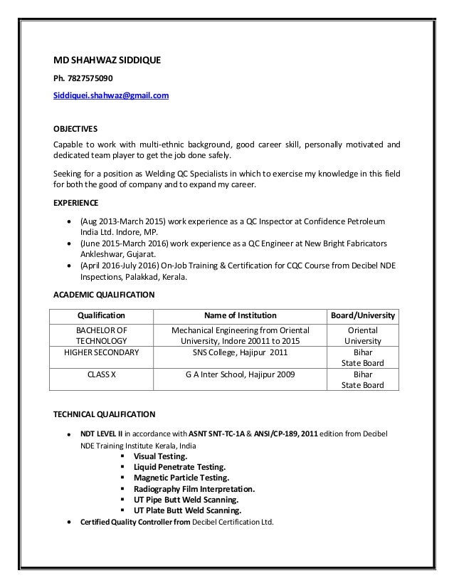 qc welding inspector resume welding inspector resume