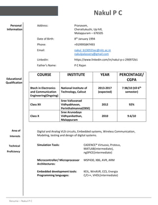 Resume – Nakul P C
Nakul P C
Personal Address: Pranavam,
Information Cherattukuzhi, Up hill,
Malappuram – 676505
Date of B...