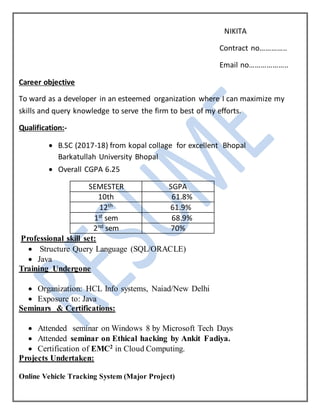 NIKITA
Contract no…………..
Email no………………..
Career objective
To ward as a developer in an esteemed organization where I can maximize my
skills and query knowledge to serve the firm to best of my efforts.
Qualification:-
 B.SC (2017-18) from kopal collage for excellent Bhopal
Barkatullah University Bhopal
 Overall CGPA 6.25
SEMESTER SGPA
10th 61.8%
12th
61.9%
1st
sem 68.9%
2nd
sem 70%
Professional skill set:
 Structure Query Language (SQL/ORACLE)
 Java
Training Undergone
 Organization: HCL Info systems, Naiad/New Delhi
 Exposure to: Java
Seminars & Certifications:
 Attended seminar on Windows 8 by Microsoft Tech Days
 Attended seminar on Ethical hacking by Ankit Fadiya.
 Certification of EMC2
in Cloud Computing.
Projects Undertaken:
Online Vehicle Tracking System (Major Project)
 