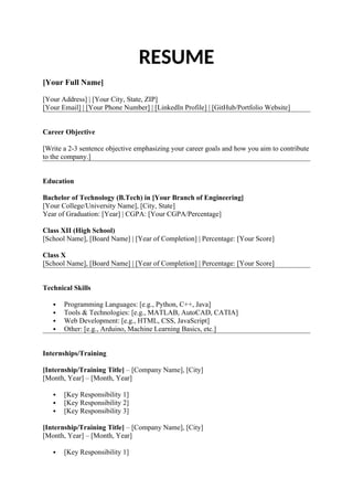 RESUME Format for final year Engineering - RESUME Format For Final Year Engineering Students 1 320
