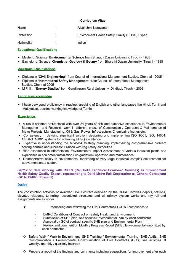 resume a lakshmi narayanan ehsq expert environmental health and safety resumes