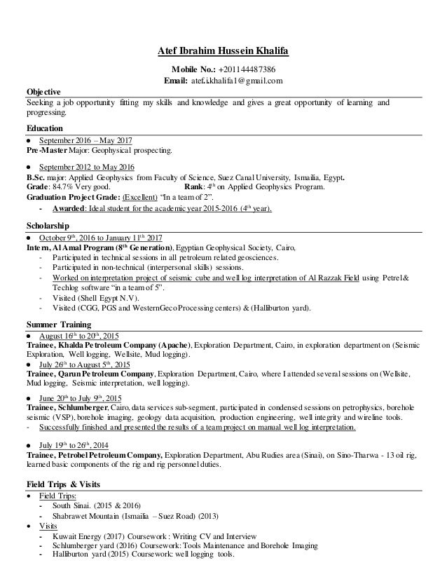 Fresh Graduate Geoscientist Geophysics Resume