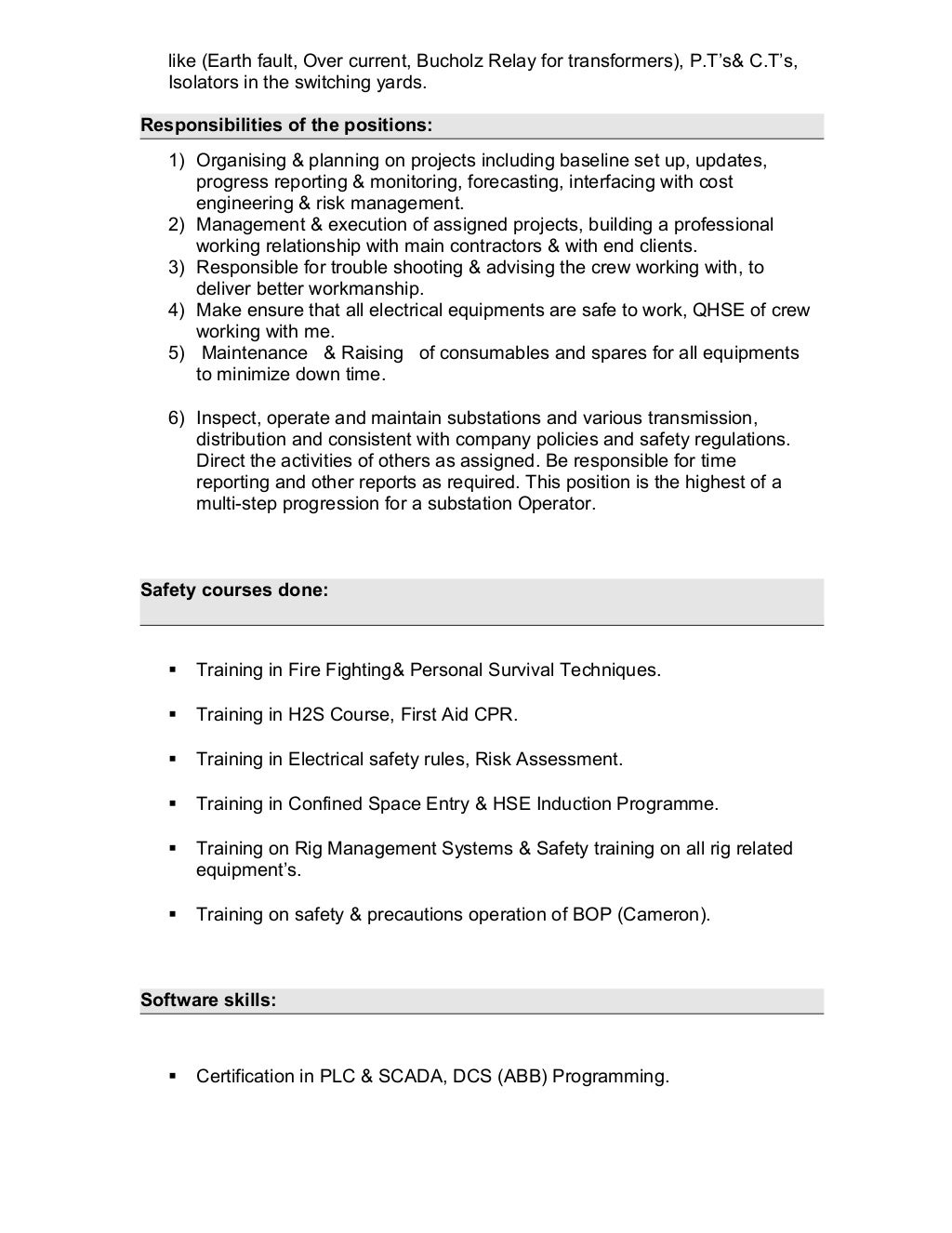 Resume electrical engineer for oil & gas
