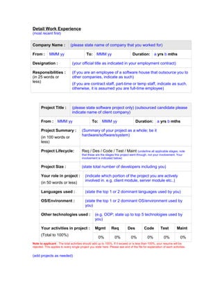 Detail Work Experience
(most recent first)
Company Name : (please state name of company that you worked for)
From : MMM yy To: MMM yy Duration: a yrs b mths
Designation : (your official title as indicated in your employment contract)
Responsibilities :
(in 25 words or
less)
(if you are an employee of a software house that outsource you to
other companies, indicate as such)
(if you are contract staff, part-time or temp staff, indicate as such,
otherwise, it is assumed you are full-time employee)
Project Title : (please state software project only) (outsourced candidate please
indicate name of client company)
From : MMM yy To: MMM yy Duration: a yrs b mths
Project Summary :
(in 100 words or
less)
(Summary of your project as a whole; be it
hardware/software/system)
Project Lifecycle: Req / Des / Code / Test / Maint (underline all applicable stages; note
that these are the stages this project went through, not your involvement. Your
involvement is indicated below)
Project Size : (state total number of developers including you)
Your role in project :
(in 50 words or less)
(indicate which portion of the project you are actively
involved in. e.g. client module, server module etc..)
Languages used : (state the top 1 or 2 dominant languages used by you)
OS/Environment : (state the top 1 or 2 dominant OS/environment used by
you)
Other technologies used : (e.g. OOP; state up to top 5 technologies used by
you)
Your activities in project :
(Total to 100%)
Mgmt Req Des Code Test Maint
0% 0% 0% 0% 0% 0%
Note to applicant : The total activities should add up to 100%. If it exceed or is less than 100%, your resume will be
rejected. This applies to every single project you state here. Please see end of the file for explanation of each activities.
(add projects as needed)
 