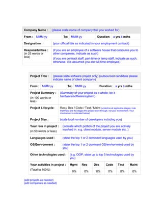 Company Name : (please state name of company that you worked for)
From : MMM yy To: MMM yy Duration: a yrs b mths
Designation : (your official title as indicated in your employment contract)
Responsibilities :
(in 25 words or
less)
(if you are an employee of a software house that outsource you to
other companies, indicate as such)
(if you are contract staff, part-time or temp staff, indicate as such,
otherwise, it is assumed you are full-time employee)
Project Title : (please state software project only) (outsourced candidate please
indicate name of client company)
From : MMM yy To: MMM yy Duration: a yrs b mths
Project Summary :
(in 100 words or
less)
(Summary of your project as a whole; be it
hardware/software/system)
Project Lifecycle: Req / Des / Code / Test / Maint (underline all applicable stages; note
that these are the stages this project went through, not your involvement. Your
involvement is indicated below)
Project Size : (state total number of developers including you)
Your role in project :
(in 50 words or less)
(indicate which portion of the project you are actively
involved in. e.g. client module, server module etc..)
Languages used : (state the top 1 or 2 dominant languages used by you)
OS/Environment : (state the top 1 or 2 dominant OS/environment used by
you)
Other technologies used : (e.g. OOP; state up to top 5 technologies used by
you)
Your activities in project :
(Total to 100%)
Mgmt Req Des Code Test Maint
0% 0% 0% 0% 0% 0%
(add projects as needed)
(add companies as needed)
 
