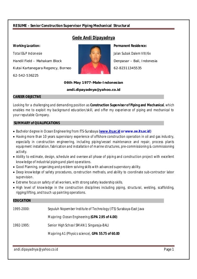 resume gede andi construction piping supervisor resume objective supervisor
