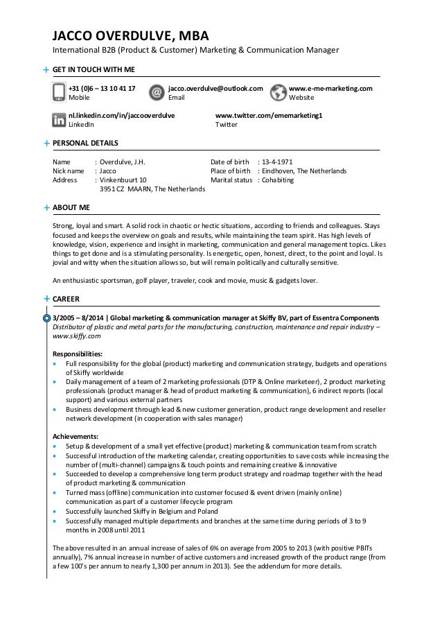 resume of jacco overdulve readily available for a senior marketing