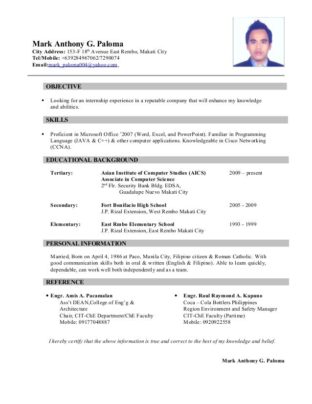 resume mark anthony paloma 2015 resume sample