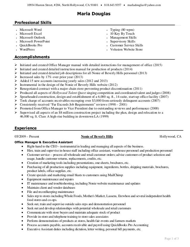 resume of marla douglas office manager executive assistant wholesale distributor administrative assistant resume