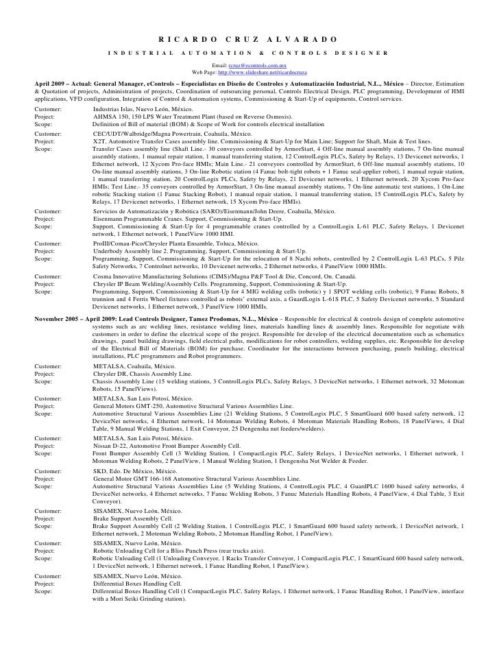 resume ricardo cruz aug 2010 including lastest projects scopes