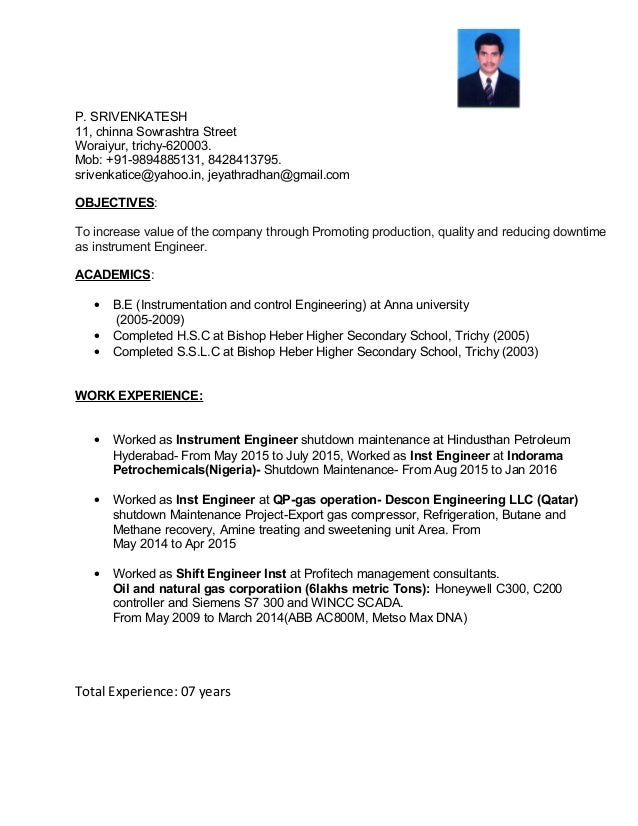 Instrumentation and control engineer resume