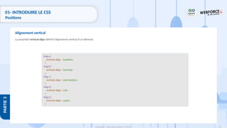 121
Copyright - Tout droit réservé - OFPPT
PARTIE
3
01- INTRODUIRE LE CSS
Positions
La propriété vertical-align définit l'alignement vertical d'un élément.
Alignement vertical
img.a {
vertical-align : baseline;
}
img.b {
vertical-align : text-top;
}
img.c {
vertical-align : text-bottom;
}
img.d {
vertical-align : sub;
}
img.e {
vertical-align : super;
}
 