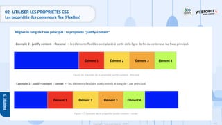174
Copyright - Tout droit réservé - OFPPT
PARTIE
3
02- UTILISER LES PROPRIÉTÉS CSS
Les propriétés des conteneurs flex (FlexBox)
Aligner le long de l'axe principal : la propriété "justify-content"
Exemple 2 : justify-content : flex-end => les éléments flexibles sont placés à partir de la ligne de fin du conteneur sur l'axe principal.
Exemple 3 : justify-content : center => les éléments flexibles sont centrés le long de l'axe principal.
Élément 2 Élément 3 Élément 4
Élément 1
Élément 2 Élément 3 Élément 4
Élément 1
Figure 46: Exemple de la propriété justify-content : flex-end
Figure 47: Exemple de la propriété justify-content : center
 