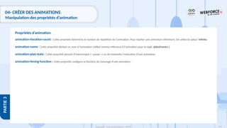 194
Copyright - Tout droit réservé - OFPPT
PARTIE
3
04- CRÉER DES ANIMATIONS
Manipulation des propriétés d’animation
animation-iteration-count : Cette propriété détermine le nombre de répétition de l'animation. Pour répéter une animation infiniment, On utilise la valeur infinite.
animation-name : Cette propriété déclare un nom à l’animation (utilisé comme référence à l'animation pour la règle @keyframes ).
animation-play-state : Cette propriété permet d'interrompre (« pause ») ou de reprendre l'exécution d'une animation.
animation-timing-function : Cette propriété configure la fonction de minutage d'une animation.
Propriétés d’animation
 