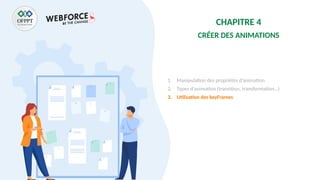 CHAPITRE 4
CRÉER DES ANIMATIONS
1. Manipulation des propriétés d’animation
2. Types d’animation (transition, transformation…)
3. Utilisation des keyFrames
 