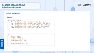 204
Copyright - Tout droit réservé - OFPPT
PARTIE
3
04- CRÉER DES ANIMATIONS
Utilisation des keyFrames
La règle @keyframes
Exemple 3 :
@keyframes example {
0% {background-color :red; left :0px; top :0px;}
25% {background-color :yellow; left :200px; top :0px;}
50% {background-color :blue; left :200px; top :200px;}
75% {background-color :green; left :0px; top :200px;}
100% {background-color :red; left :0px; top :0px;}
}
div {
width : 100px;
height : 100px;
position : relative;
background-color : red;
animation-name : example;
animation-duration : 4s;
}
 