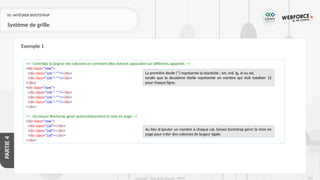 224
Copyright - Tout droit réservé - OFPPT
PARTIE
4
01- INTÉGRER BOOTSTRAP
Système de grille
Exemple 1
<!-- Contrôlez la largeur des colonnes et comment elles doivent apparaître sur différents appareils -->
<div class="row">
<div class="col-*-*"></div>
<div class="col-*-*"></div>
</div>
<div class="row">
<div class="col-*-*"></div>
<div class="col-*-*"></div>
<div class="col-*-*"></div>
</div>
<!-- Ou laissez Bootstrap gérer automatiquement la mise en page -->
<div class="row">
<div class="col"></div>
<div class="col"></div>
<div class="col"></div>
</div>
La première étoile (*) représente la réactivité : sm, md, lg, xl ou xxl,
tandis que la deuxième étoile représente un nombre qui doit totaliser 12
pour chaque ligne.
Au lieu d'ajouter un nombre à chaque col, laissez bootstrap gérer la mise en
page pour créer des colonnes de largeur égale.
 