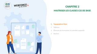 CHAPITRE 2
MAITRISER LES CLASSES CSS DE BASE
1. Typographie et liens
2. Tableaux
3. Éléments de formulaires et contrôles supportés
4. Boutons
 