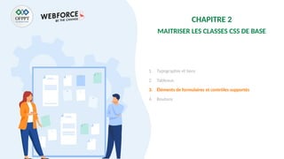 CHAPITRE 2
MAITRISER LES CLASSES CSS DE BASE
1. Typographie et liens
2. Tableaux
3. Éléments de formulaires et contrôles supportés
4. Boutons
 