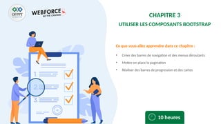 Ce que vous allez apprendre dans ce chapitre :
• Créer des barres de navigation et des menus déroulants
• Mettre en place la pagination
• Réaliser des barres de progression et des cartes
10 heures
CHAPITRE 3
UTILISER LES COMPOSANTS BOOTSTRAP
 