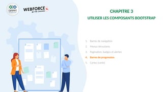 CHAPITRE 3
UTILISER LES COMPOSANTS BOOTSTRAP
1. Barres de navigation
2. Menus déroulants
3. Pagination, badges et alertes
4. Barres de progression
5. Cartes (cards)
 