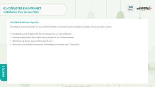 292
Copyright - Tout droit réservé - OFPPT
PARTIE
5
01- DÉPLOYER EN INTRANET
Installation d'un serveur Web
L’installation du serveur Apache sur une machine Windows ne nécessite aucune installation préalable. Voici la procédure à suivre :
• Enregistrez le pack de logiciel ZIP dans un dossier local sur votre ordinateur
• Décompressez le fichier Zip en effectuant un double-clic sur l’icône concernée
• Sélectionnez le dossier Apache24 et copiez-le sur C :
• Désormais, tous les fichiers nécessaires à l’installation se trouvent sous C :Apache24
Installer le serveur Apache
 