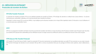 296
Copyright - Tout droit réservé - OFPPT
PARTIE
5
01- DÉPLOYER EN INTRANET
Protocoles de transfert de fichiers
Le protocole de transferts de fichiers FTP est une méthode populaire de transfert de fichiers. FTP échange des données en utilisant deux canaux distincts : le canal de
commande pour authentifier l’utilisateur et le canal de données pour transférer les fichiers.
Cependant, ces deux canaux FTP ne sont pas chiffrés, ce qui implique que les données envoyées ont un risque d’être exploitées même s’il nécessite un nom d’utilisateur et
un mot de passe pour authentifier l’accès.
SFTP est un protocole de transferts de fichiers sécurisé qui permet de transférer des fichiers en toute sécurité par SSL/TLS (Secure Sockets Layer/Transport Layer Security).
Les transferts SFTP peuvent être authentifiés par des méthodes de prise en charge comme les certificats de clients, les certificats de serveurs et les mots de passe.
SFTP signifie FTP part SSH (Secure Shell). Il s’agit d’un protocole FTP sécurisé représentant une excellente alternative aux outils FTP non sécurisés ou aux scripts manuels.
SFTP permet d’échanger des données via une connexion SSH qui offre un niveau de protection élevé pour les partages de fichiers entre systèmes, cloud, collaborateurs,
etc.
FTP (File Transfer Protocol)
SFTP
FTPS (Secure File Transfer Protocol)
 