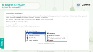 299
Copyright - Tout droit réservé - OFPPT
PARTIE
5
01- DÉPLOYER EN INTRANET
Création des comptes FTP
Les comptes FTP permettent de transférer et récupérer rapidement des fichiers depuis l’ordinateur personnel vers le serveur (distant) et vice versa. La solution logicielle à
utiliser est nommée "client ftp" qui, installé sur l’ordinateur, se connecte au "serveur ftp"
Sous Windows, il est conseillé d'utiliser le logiciel libre comme "FileZilla" pour se connecter en FTP :
Télécharger FileZilla depuis le site SourceForge.
Lancer son installation
Une fois l'installation achevée, lancer FileZilla en cliquant sur son icône :
Création des comptes FTP
Figure 99 : Se connecter à FileZilla
 