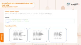 81
Copyright - Tout droit réservé - OFPPT
PARTIE
2
L'élément <input> Permet de coder différents types d'entrée pour un formulaire, selon la valeur de l'attribut type.
Exemple :
Champ de saisie <input>
<form action="authentification.php" method="post">
<input type="text" id="firstname" name="firstname">
</form>
Types d’Input HTML
<input type="button">
<input type="checkbox">
<input type="color">
<input type="date">
<input type="datetime-local">
<input type="email">
<input type="file">
<input type="hidden">
<input type="image">
<input type="month">
<input type="number">
<input type="password">
<input type="radio">
<input type="range">
<input type="reset">
<input type="search">
<input type="submit">
<input type="tel">
<input type="text">
<input type="time">
<input type="url">
<input type="week">
02- INTÉGRER DES FORMULAIRES DANS UNE
PAGE WEB
Champs de saisie <input>
 