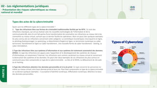 29
Copyright - Tout droit réservé - OFPPT
PARTIE
1
Types des actes de la cybercriminalité
02 - Les réglementations juridiques
- Présentation des risques cybernétiques au niveau
national et mondial
Quels sont les différents types de la cybercriminalité ?
1. Type des infractions liées aux formes de criminalité traditionnelles facilité par les NTIC: Ce sont des
infractions classiques, qui ont pu évoluer avec les nouvelles technologies de l’information et de la
communication38, alors ils ont fait partie d’une transformation de commettre ces infractions au niveau réel à les
commettre au niveau virtuel, sachant que ce dernier facilite les opérations. Alors on peut citer quelques exemples
les plus connus de ces infractions concernant cette catégorie: La contrefaçon (numérique), L’escroquerie en ligne,
Le phishing (hameçonnage), Le spamming, Le blanchiment d’argent en ligne, Le terrorisme numérique ou cyber
terrorisme, Harcèlement en ligne ou Cyber harcèlement , Une nouvelle forme de cyber harcèlement : Sexting, La
cyber intimidation.
2.Type des infractions liées aux systèmes d’information et aux systèmes de traitement automatisé des données
(STAD): Ce type des infractions est apparu avec l’apparition et le développement des systèmes de réseaux
d’informatique, et notamment l’internet. Ces infractions sont commis seulement au niveau virtuel et concernant
la destruction des systèmes et les données. On peut citer deux exemples de ces infractions les plus connus en
communié pour bien comprendre ce type de la cybercriminalité. : Le Dos et le DDOS, La défacement de site web
ou le hacking,
3.Type des infractions atteinte à les données personnelles et à la vie privé: Ce type concerne les personnes lui-
même au niveau virtuel, ainsi leurs donnée privé et leurs vie. Pour bien comprendre ce type de la cybercriminalité
on va donner quelques exemples : L’usurpation d’identité numérique, Diffamation numérique, Atteinte à la base
des données personnelles.
 