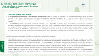 9
Copyright - Tout droit réservé - OFPPT
PARTIE
1
• La non-répudiation des informations: la non-répudiation des informations a pour but d’assurer que l’émetteur d’une information (quelle qu’elle soit) ne soit pas en
mesure de nier qu’il est bien à l’origine de celle-ci. Pour répondre à cet objectif de la sécurité informatique et qu’il se concrétise, on utilise la signature des emails, des
documents ou des certificats. Ainsi, seul l’utilisateur possédant une clé privée peut apposer sa signature sur un email. Cette personne ne peut donc pas nier en être
l’émetteur.
• La disponibilité des données: dernier objectif de la sécurité informatique, c’est la disponibilité des données. En plus de rester fiable et confidentielle, la data doit être
accessible et disponible en permanence pour toutes les personnes avec un droit d’accès. Cela permet de ne pas être pénalisé en passant à côté d’informations cruciales
pour une prise de décision ou bien ne pas pouvoir accomplir une tâche ou une fonction. Cet aspect de la cybersecurité est assez complexe, puisque cela exige
une étude minutieuse des droits d’accès : certains utilisateurs ont des droits de consultation, d’autres de lecture et d’autres de modifications. Il faut donc bien arbitrer
les différents accès afin de conserver une bonne confidentialité des données tout en facilitant leur consultation pour que l’entreprise reste compétitive.
Un service de sécurité est un service fourni par une couche de protocoles de systèmes ouverts communicants, qui assure une sécurité adéquate des systèmes ou des
transferts de données. ces services se divisent en cinq catégories et quatorze services spécifiques.
• L’authentification: le service d'authentification est chargé d'assurer qu'une communication est authentique. Dans le cas d'un seul message, tel qu'un signal
d'avertissement ou d'alarme, la fonction du service d'authentification est d'assurer au destinataire que le message provient de la source qu'il prétend être. Dans le cas
d'une interaction continue, comme la connexion d'un terminal à un hôte, deux aspects sont impliqués. Tout d'abord, au moment de l'initiation de la connexion, le
service garantit que les deux entités sont authentiques, c'est‐à‐dire que chacune est l'entité qu'elle prétend être. Deuxièmement, le service doit s'assurer que la
connexion n'est pas entravée de telle sorte qu'un tiers peut se faire passer comme l'une des deux parties légitimes aux fins d'une transmission ou d'une réception non
autorisée. Deux services d'authentification spécifiques sont définis: - Authentification par entité intermédiaire, - Authentification d'origine de données.
• Contrôle d’accès: dans le contexte de la sécurité du réseau, le contrôle d'accès permet de limiter et de contrôler l'accès aux systèmes hôtes et aux applications via les
liaisons de communication. Pour ce faire, chaque entité qui tente d'accéder doit d'abord être identifiée ou authentifiée, de sorte que les droits d'accès peuvent être
adaptés à l'individu.
Objectifs et services de la sécurité
01 - Les bases de la sécurité informatique
- Sigles scientifiques et mise en évidence des notions
de sécurité informatique
 